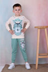 PJK2İ Kurt Desenli Yeşil 2 İp %100 Pamuk Erkek Çocuk Eşofman Takımı 3-10 Yaş 7248-Y