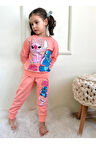 PJK2İ Lilo Stitch Desenli Somon 2 İp %100 Pamuk Kız Çocuk Eşofman Takımı 3-10 Yaş 7292-S