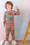 PJK2İ Dinazor Desenli Kahverengi 2 İp %100 Pamuk Erkek Çocuk Eşofman Takımı 3-10 Yaş 7426-K
