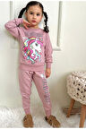PJK2İ Unicorn Desenli Gül Kurusu 2 İp %100 Pamuk Kız Çocuk Eşofman Takımı 3-10 Yaş 7447-GK