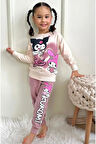 PJK2İ Kuromi Desenli Gül Kurusu 2 İp %100 Pamuk Kız Çocuk Eşofman Takımı 3-10 Yaş 7448-GK