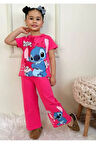 PJKBP Stitch Desenli Fuşya Bol Paça Kız Çocuk Kısa Kol Takım 3-10 Yaş 7617-F