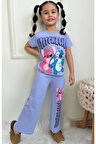 PJKBP Stitch Desenli Lila Bol Paça Kız Çocuk Kısa Kol Takım 3-10 Yaş 7619-L