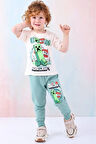 PJKKE  Desenli Yeşil Eşofmanlı Erkek Çocuk Kısa Kol Takım 3-10 Yaş 7461-Y