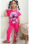 PJKKE Stitch Desenli Fuşya Eşofmanlı Kız Çocuk Kısa Kol Takım 3-10 Yaş 7434-F