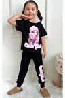 PJKKE Şapkalı Kız Desenli Siyah Eşofmanlı Kız Çocuk Kısa Kol Takım 3-10 Yaş 7457-S