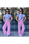 Love Kalp Desenli Croplu Kumaş Pantolonlu Kız Takım Pembe 3-10 Yaş 07053-P
