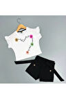 Çiçek Baskılı Şortlu Kız Takım Siyah 7103-S