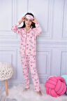 PJKÖ Barbie Desenli Pembe Uzun Kollu Önden Düğmeli Kız Çocuk Pijama Takımı 4-12 Yaş 592U