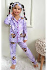 PJKÖ Frouzen Elsa Desenli Lila Uzun Kollu Önden Düğmeli Kız Çocuk Pijama Takımı 4-12 Yaş 535U