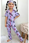 PJKÖ Kuromi ve Arkadaşları Desenli Lila Kısa Kollu Önden Düğmeli Kız Çocuk Pijama Takımı 4-12 Yaş 539K-L