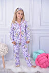PJKÖ Frouzen Elsa Desenli Lila Uzun Kollu Önden Düğmeli Kız Çocuk Pijama Takımı 4-12 Yaş 579U