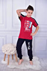 KAPİP Bordo Steyle Baskılı Kısa Kollu Erkek Çocuk Pijama Takımı 11-15 Yaş 5056-B