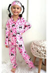 1+1PJKÖ Kuromi Desen Pembe Uzun Kollu Önden Düğmeli Kız Çocuk Pijama Takımı 4-12 Yaş 537U-P