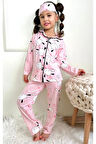 1+1PJKÖ Ayıcık Desenli Pembe Uzun Kollu Önden Düğmeli Kız Çocuk Pijama Takımı 4-6 Yaş 0721U