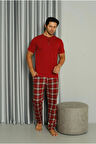 IŞILAY Bordo Önden 3 Düğmeli Ekose Pijamalı Kısa Kollu Erkek Pijama Takımı 19041-B