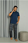 IŞILAY İndigo Önden 3 Düğmeli Ekose Pijamalı Kısa Kollu Erkek Pijama Takımı 19041-İ