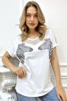 Rahat Kalıp Büyük Beden Zebra Crystal Taşlı Beyaz Kadın Şık Pamuk T-shirt