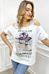 Büyük Beden Siyah Omuzları Açık Baskılı Crystal Taşlı Pamuk Kadın T-shirt