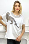 Rahat Kalıp File Detaylı Kaplan Crystal Taşlı Büyük Beden Pamuk Kadın Beyaz T-shirt