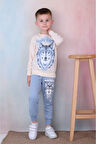 PJK2İ Kurt Desenli MAVİ 2 İp %100 Pamuk Erkek Çocuk Eşofman Takımı 3-10 Yaş 7248-M