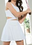 Beyaz Yüksek Bel Genç Kız Tenis Etek Darkalıp İçi Taytlı Cepli Lady Genç Kız Mini Spor Etek