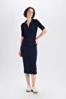 DeFacto Bodycon Vücudu Saran Polo Yaka Fitilli Kaşkorse Kısa Kollu Midi Elbise E7140AX25SPNV28