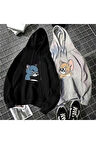 Unisex 2li Siyah Gri Tom Ve Jery Baskılı Oversize Kapüşonlu Sweatshirt