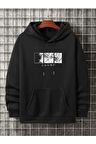 Unisex Siyah Ön Baskı Detaylı Oversize Kapşonlu Sweatshirt