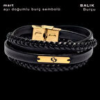 Doğanın Canlanışı, Siyah Deri Örgülü ve 14 Ayar Altın Plakalı Dikdörtgen Motifli Mart Bilekliği