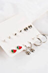 Kalp Ve Çilek Tasarımlı Halka Ve Tektaşlı Top Küpeli 12li Küpe Seti