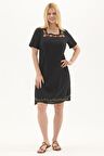 Şile Bezi Siyah Kısa Kol Nakışlı Kare Yaka İlkbahar ve Yaz Elbise