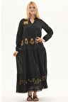 Şile Bezi Siyah Uzun Kol Nakışlı Uzun Yazlık Elbise