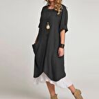 Barbora Keten Yazlık Günlük Tasarım Kadın Elbise bt263siyah5