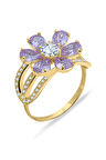 Lila Taşlı Altın Nergis Çiçeği Yüzük