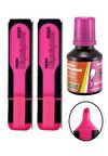 Fosforlu İşaret Kalemi Pembe Doldurulabilir 2 Adet ve Mürekkebi 30ml 1 Adet Fosforlu Neon Kalem 