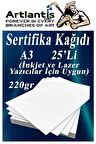 A3 Sertifika Kağıdı Kalın 25 Adet Gramajlı Fotokopi Kağıdı 220 gr Tüm Yazıcılara Uyumlu 29.7x42 cm Kalın Baskı Kağıdı