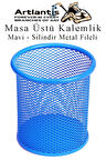 Mavi Silindir Masa Üstü Kalemlik 1 Adet Metal Fileli Renkli Perforeli Yuvarlak Kalemlik Ofis Büro Okul