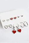 Kalp Tasarımlı Kırmızı Kalpli Halka ve Top Küpeli 6lı Küpe Seti