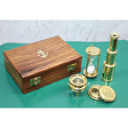 Büro Ev Ofis Hediyesi için Ahşap Kutulu Dürbün Kum Saati Büyüteç Pusula Seti