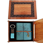 Büro Ev Ofis Hediyesi için Ahşap Kutulu Mavi Deri Defter Anahtarlık Seti