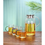 Büro Ev Ofis Sofra Keyfi için 4 Fincan Bardaklı Borosilikat Cam Sürahi Seti