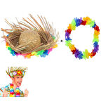 Büro Ev Ofis Gösteri Hawaii Kostümü için Tropikal Çiçekli Hasır Şapka Çiçekli Kolye Seti