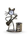 Büro Ev Ofis Hediyesi için 17X12CM Metal Kalemlikli Gitarist Kedi Masa Saati