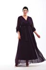 Abiye Şifon Kruvaze Yaka Kol Uçları Lastikli Beli Kuşaklı Büyük Beden Abiye Elbise 3085