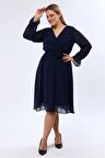 Uzun Kol Büyük Beden Şifon Lacivert Elbise 30A-1972