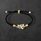 Bağımsız ve Özgür Siyah Örgülü 14 Ayar Altın Plakalı ve Kuş Figürlü Serbest Bilekliği