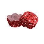 Cupcake Kalıbı Pet Kapsül Dalgalı Kırmızı Üzeri Fiyonk Ve Kalp Desenli Kek Kalıbı 65X38 MM (100 Adet)