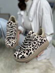 Günlük Kadın Sneaker Leopar Desenli Bağcıklı Oval Burun Yüksek Kalın Topuklu Spor Ayakkabı 313