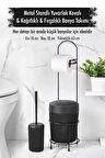 Metal Standlı Yuvarlak Kovalı & Kağıtlıklı & Fırçalıklı Siyah Banyo Takımı